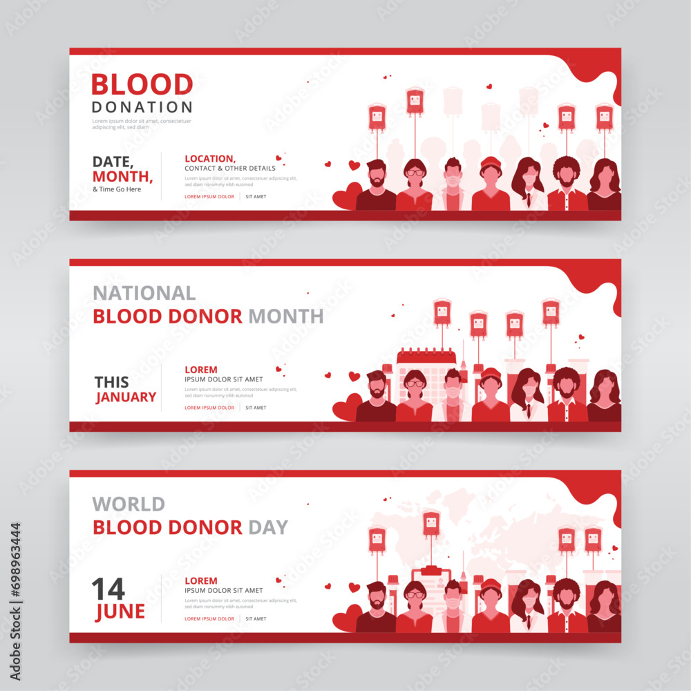 Web banner or header templates for national blood donor month, world blood donor day or any other blood donation program - obrazy, fototapety, plakaty 