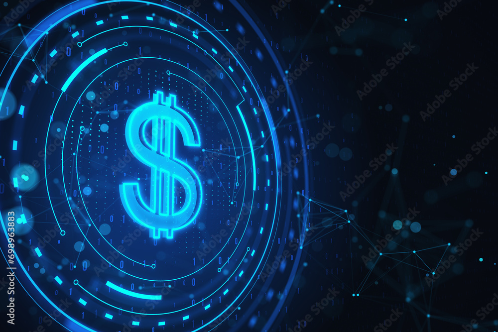 Creative round hologram with polygonal pattern and dollar on dark blurry background. Money, online banking and finance concept. 3D Rendering. Creative round hologram with polygonal pattern and dollar on dark blurry background. Money, online banking and finance concept. 3D Rendering.