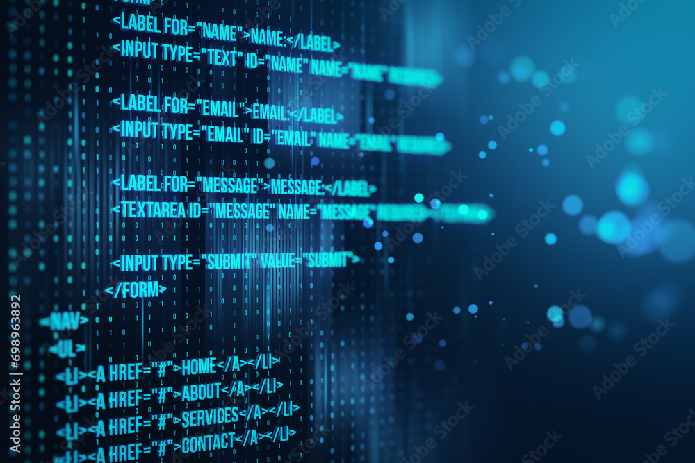 Creative blurry bokeh coding language background. IT and landing page concept. 3D Rendering.