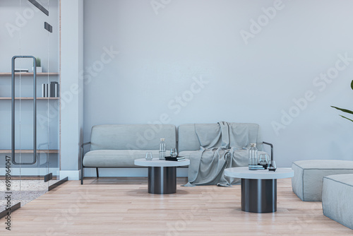 Modern office waiting area or lobby interior with furniture  glass and mock up place on wall. 3D Rendering.