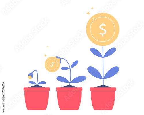 Money coin trees in flower pots. Growing Money  Saving and Investment. Financial growth concept.