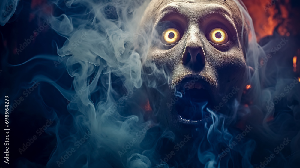 haunting figure with glowing eyes and a shocked expression, surrounded by ethereal smoke and a dark, mysterious atmosphere
