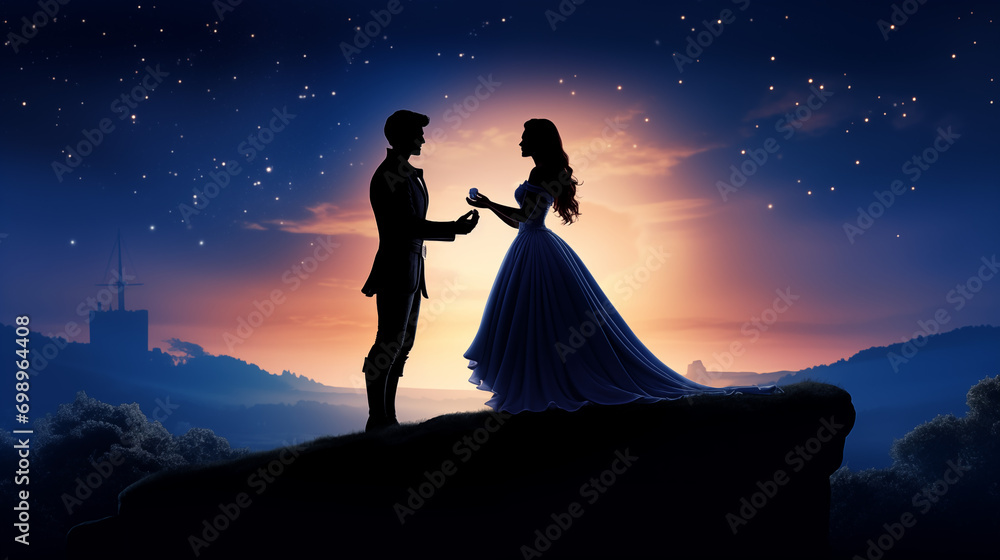 Beautiful Landscape - Prince Proposal to Princess with moon behind in Blude shade & Stars in Sky