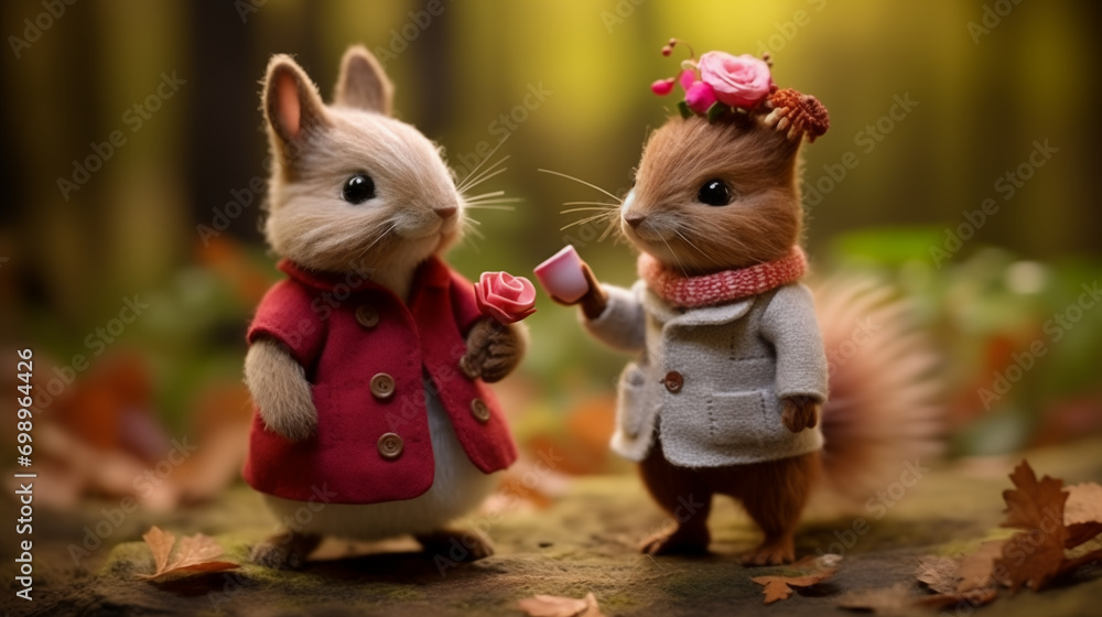 Cute & Beautiful Needle Felt Proposal Day for Chipmunks - obrazy, fototapety, plakaty 