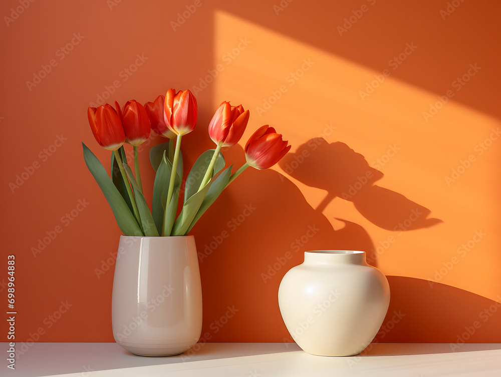 Tulips on a pot of water and a table in front of an orange wall Tulips on a pot of water and a table in front of an orange wall