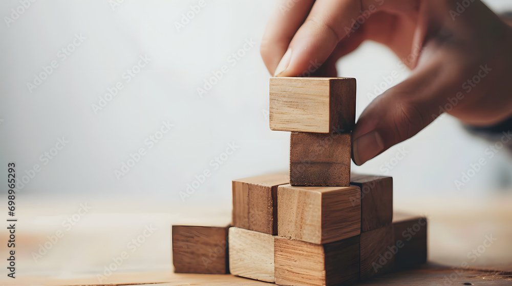 Concept of business process and workflow automation with flowchart. Hand holding wooden cube block symbolize management process Concept of business process and workflow automation with flowchart. Hand holding wooden cube block symbolize management process