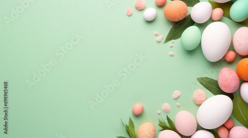 A fresh Easter composition with a variety of eggs nestled in spring greenery on a calm green background  symbolizing new beginnings.
