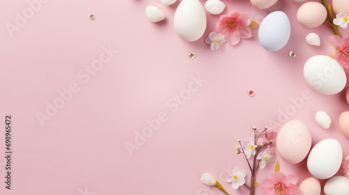 Pastel Easter eggs scattered alongside delicate blossoms on a pink surface, creating a soft and inviting holiday arrangement.