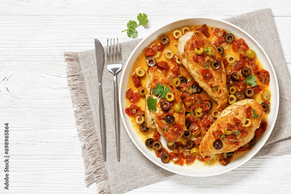 chicken breasts with vegetables, olives, top view chicken breasts with vegetables, olives, top view