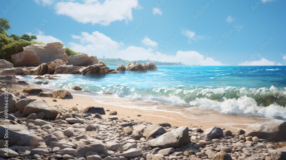 Sunny beach scene with waves crashing on shore. Summer vacation and travel.