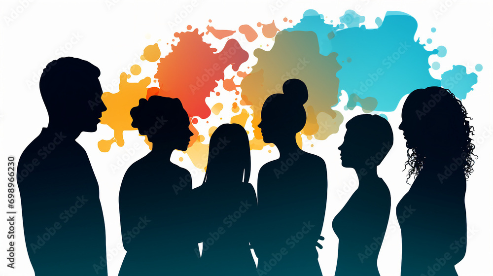 Diverse Group of Silhouette Heads Engaging in Creative Conversation with Speech Bubbles Underwater - Teamwork and Collaboration Concept for Business and Lifestyle
