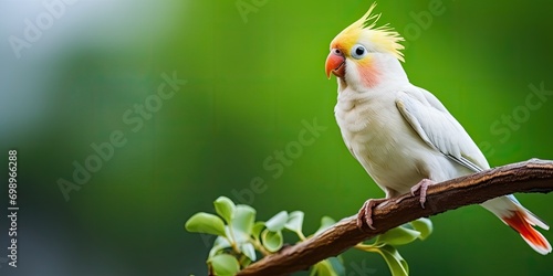 white cockatiel with red cheeks parrot on natural blur green copy space  photo