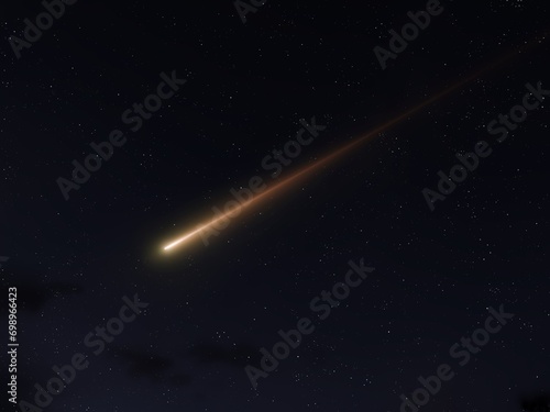 Burning meteorite in the atmosphere. Fireball at night isolated. A falling star lights up the sky.