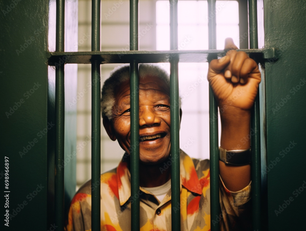 Nelson Mandela's expression radiates hope and resilience after his long incarceration, symbolizing freedom and triumph. - obrazy, fototapety, plakaty 