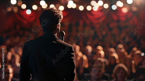 male artist performing on stage in front of a full hall of people, view from the back of the artist on the parterre of the theater photo
