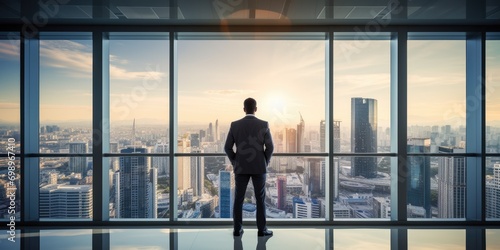 Back View of the Thoughtful Businessman wearing a Suit Standing in His Office, Hands in Pockets and Contemplating Next Big Business Deal, Looking out of the Window. Big City Business District View 