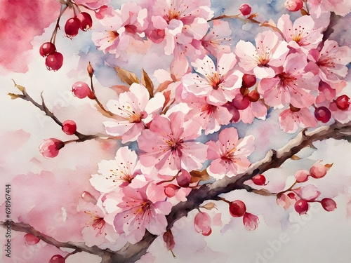 Watercolor artistic cherry blossom flower blooming branch hand painting background graphic wallpaper
