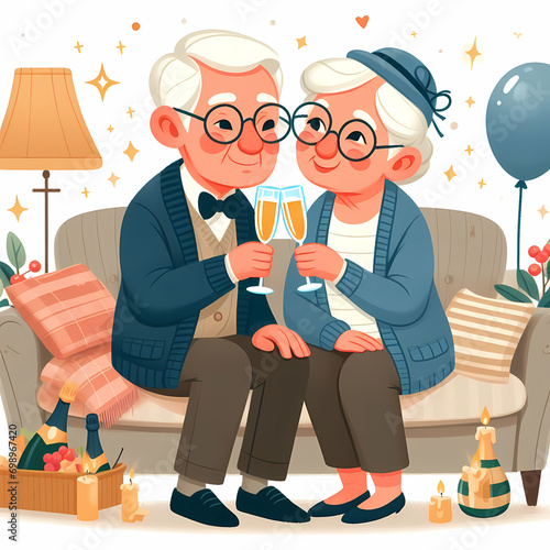 elderly couple toasting champagne glasses to celebrate their many years together. cartoon style