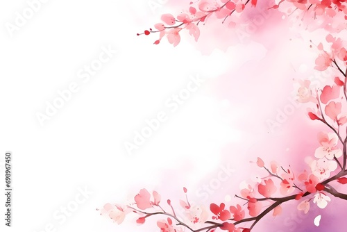 Watercolor border frame of watercolor cherry blossoms and blank space for text decoration background