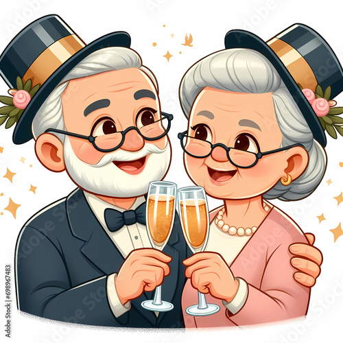 elderly couple toasting champagne glasses to celebrate their many years together. cartoon style