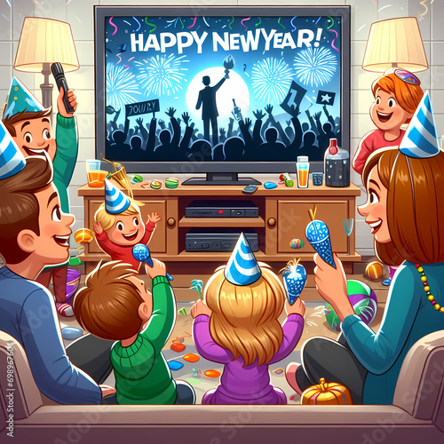 Parents watching TV with their young children who are playing with noisemakers and party hats to celebrate new year. cartoon style