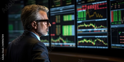 A financial manager stands in front of digital stock market charts © kimly