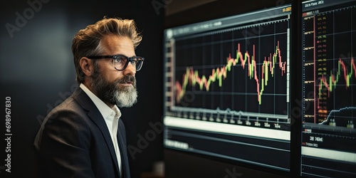 A financial manager stands in front of digital stock market charts