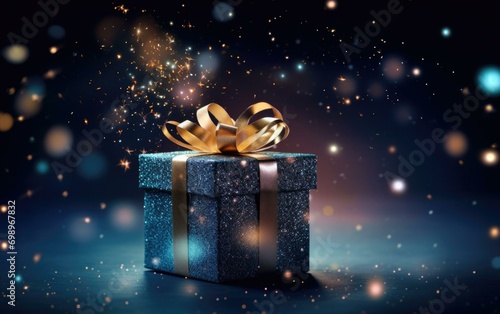 A gift box with a golden ribbon and a sparkle. Generative AI. © serg3d