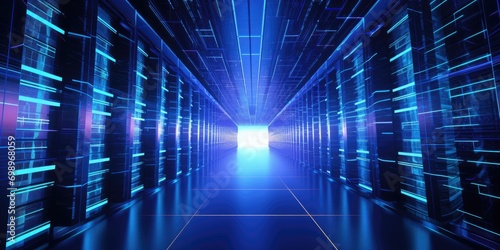 A panoramic view of a data center filled with rows of servers  exuding the concept of digital information storage. illustration  imagination  3d render