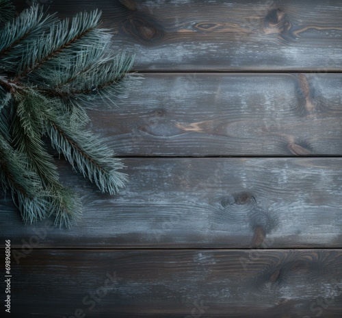 Christmas tree branch on wooden background. Generative AI.