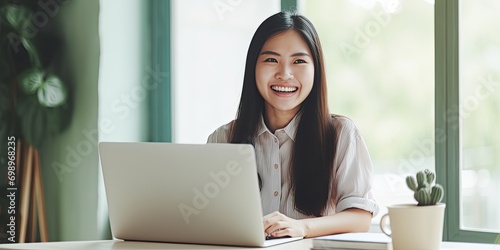 Woman having discussion or web conference chat. Work or study from home, freelance, online video conferencing, e-learning, web chat meeting,  photo