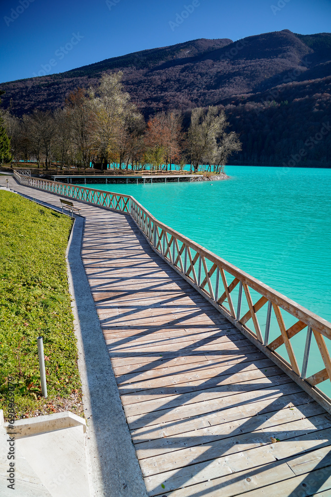 Lago di Barcis, Italia. 
Amazing Lake in Alps mountains. Fantastic blue water color. Alpine lake. 
