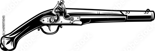 Illustration of old mushket gun isolated on white background. Design element for emblem, sign, poster, badge. Vector illustration