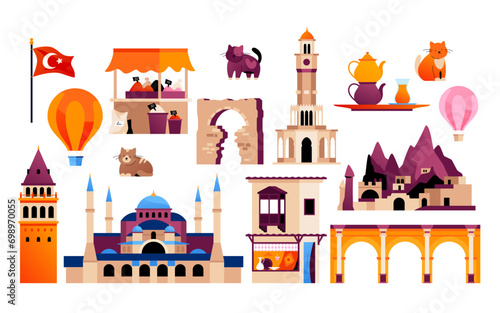Fototapeta Naklejka Na Ścianę i Meble -  Sights of Turkish Cities - flat design style objects set. High quality colorful images of Hagia Sophia Grand Mosque, Valley of the Witch Trumpets, Arched gates of Side, Saat Kulesi clock tower