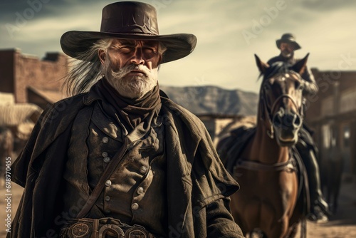 Pictorial Cowboy banner portrait. Rodeo bandit. Fictional person. Generate Ai