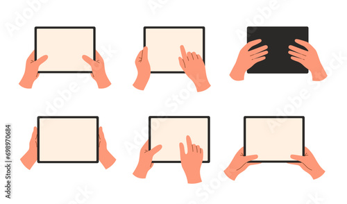 Set of hands holding tablets isolated on white background.