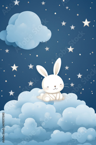 Cute rabbit sleeping on a cloud watercolor drawing. Generative AI