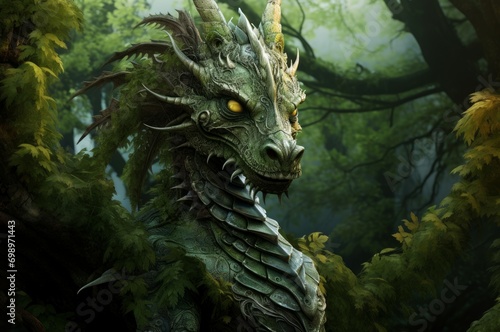 Fierce Green forest dragon. Cute animal character. Generate Ai