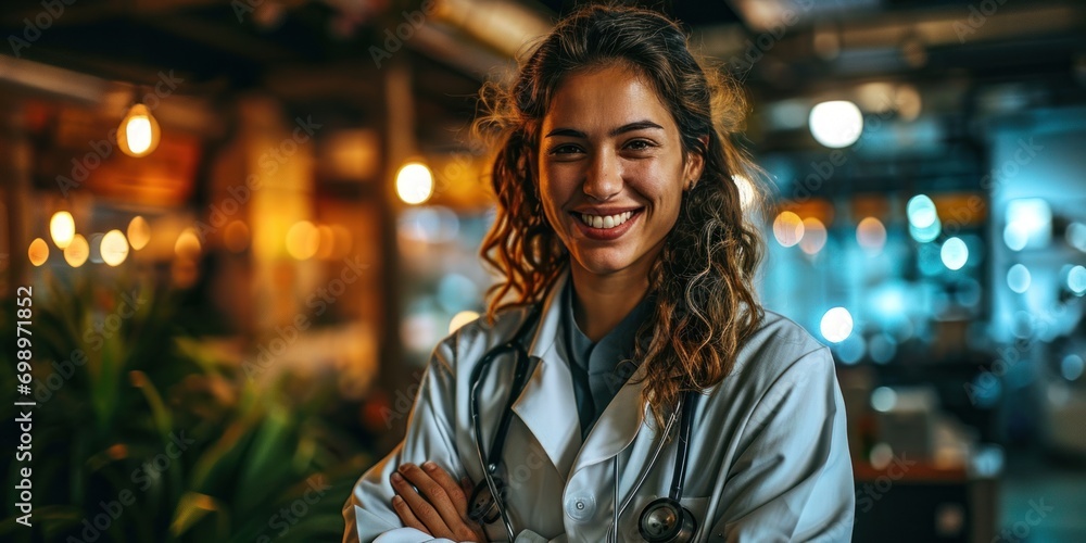 Smiling female doctor looking at camera and hands crossed Strong multi-ethnic professionals ready to handle Smiling female doctor looking at camera and hands crossed Strong multi-ethnic professionals ready to handle