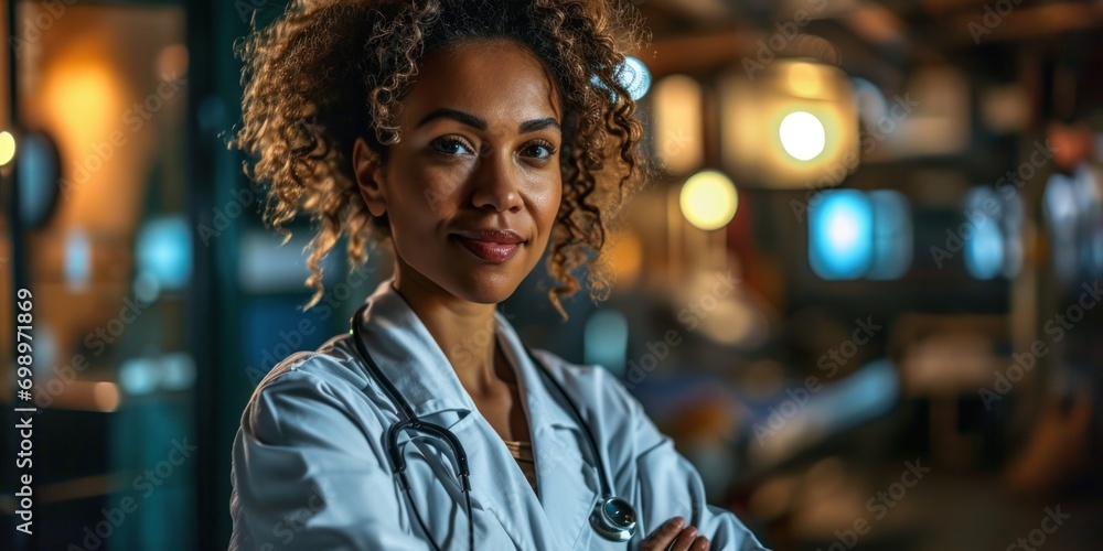 Smiling female doctor looking at camera and hands crossed Strong multi-ethnic professionals ready to handle