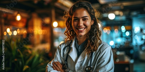 Smiling female doctor looking at camera and hands crossed Strong multi-ethnic professionals ready to handle photo