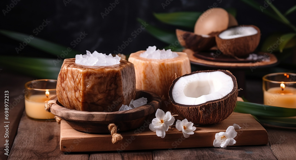 Beautiful spa composition with coconut oil and natural handmade soap on wooden table, closeup