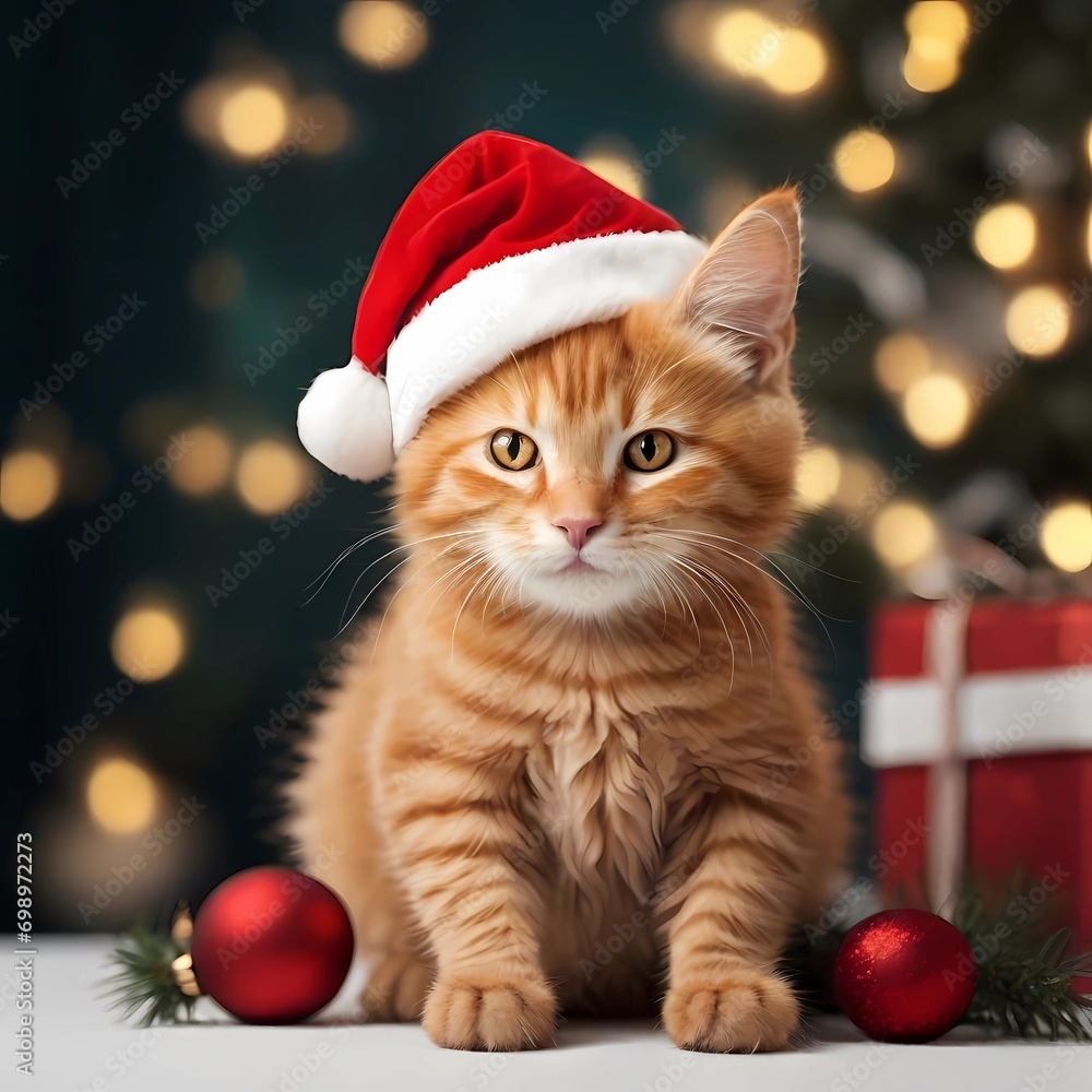 A charming ginger cat wearing a festive red Santa Claus hat sits attentively and stares
A charming ginger cat wearing a festive red Santa Claus hat sits attentively and stares