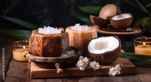Beautiful spa composition with coconut oil and natural handmade soap on wooden table, closeup