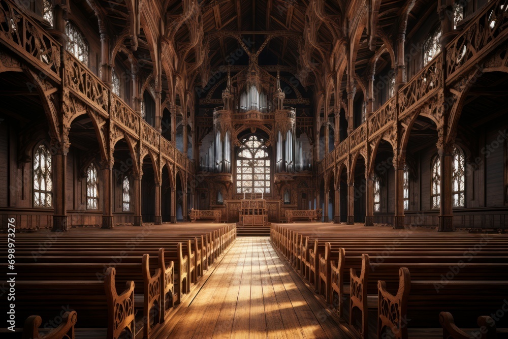 Opulent Wooden interior cathedral. Culture tourism. Generate Ai