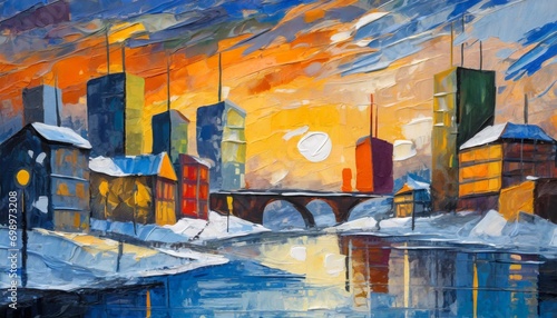 art oli paint style lanscape that town in winter and sunset at New York