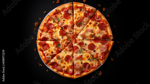 A pizza on a black background, top view