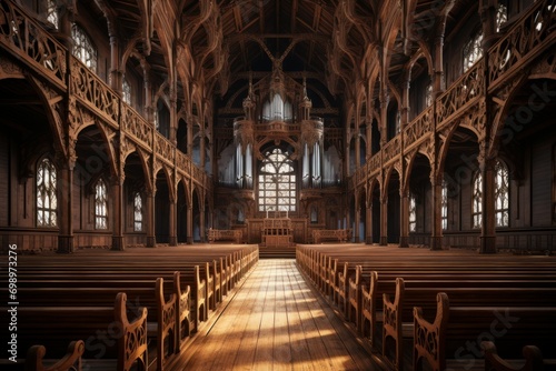 Opulent Wooden interior cathedral. Culture tourism. Generate Ai © juliars