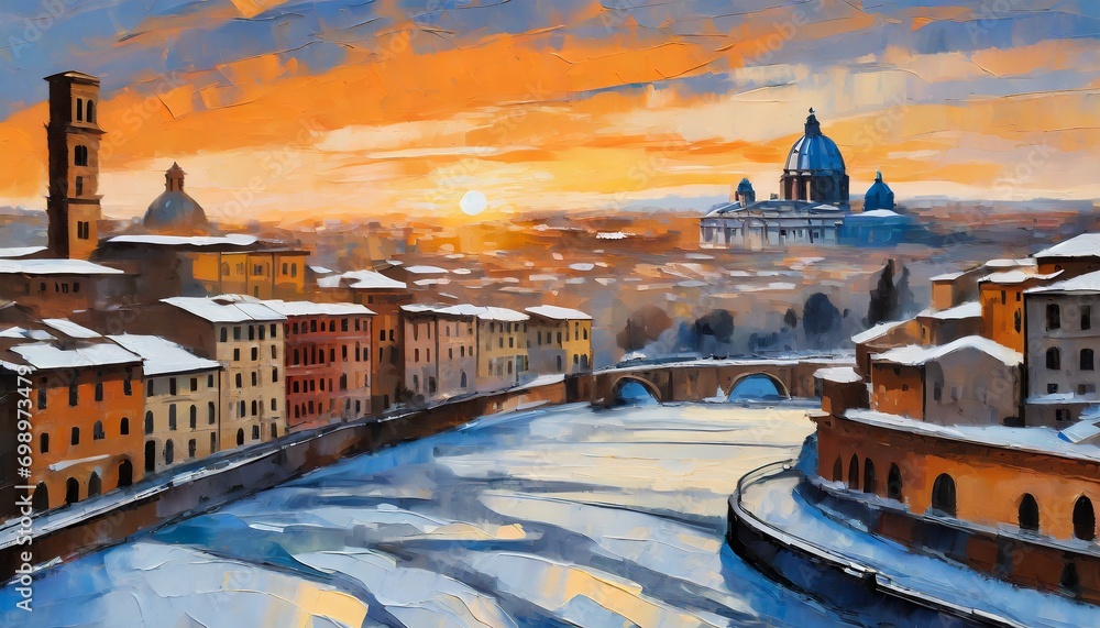 Obraz premium art oli paint style lanscape that town in winter and sunset at Rome