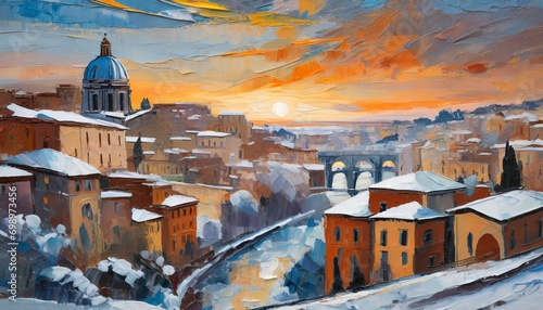 art oli paint style lanscape that town in winter and sunset at Rome